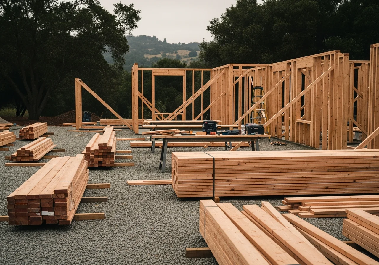 Construction site with framing and building materials, showcasing active residential construction work.