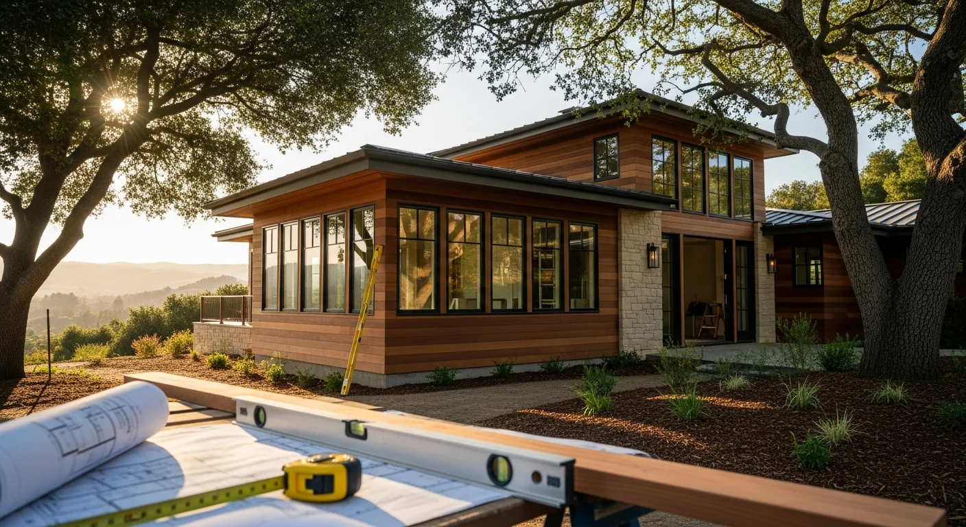 Custom home under construction with framing and structural details visible