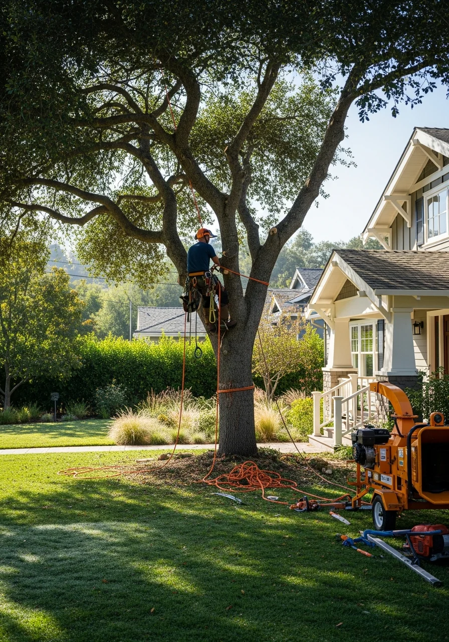 A professional arborist working on a large tree in a Los Altos yard with quality landscaping and neighborhood homes visible.