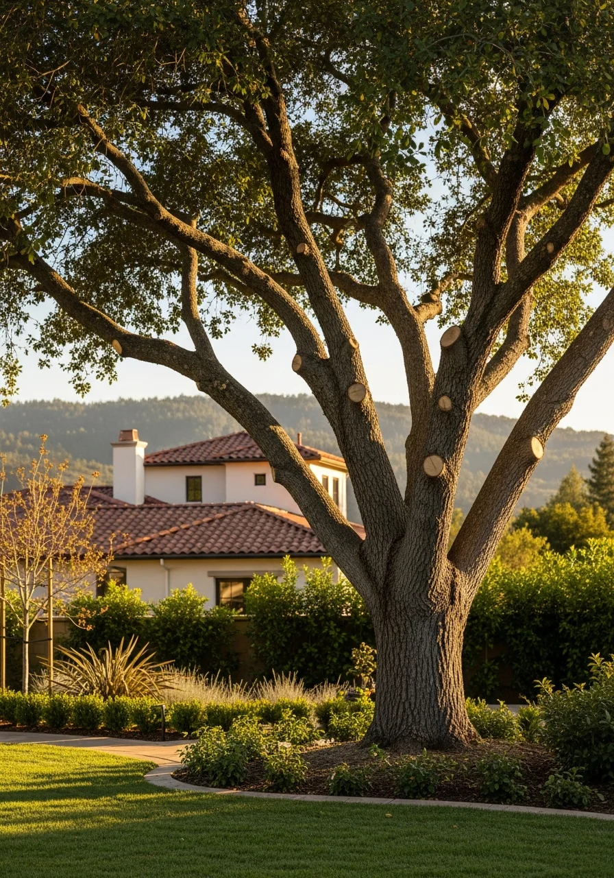 A crew member carefully trimming branches on a large oak tree in a Los Gatos residential yard with a home visible in the background.