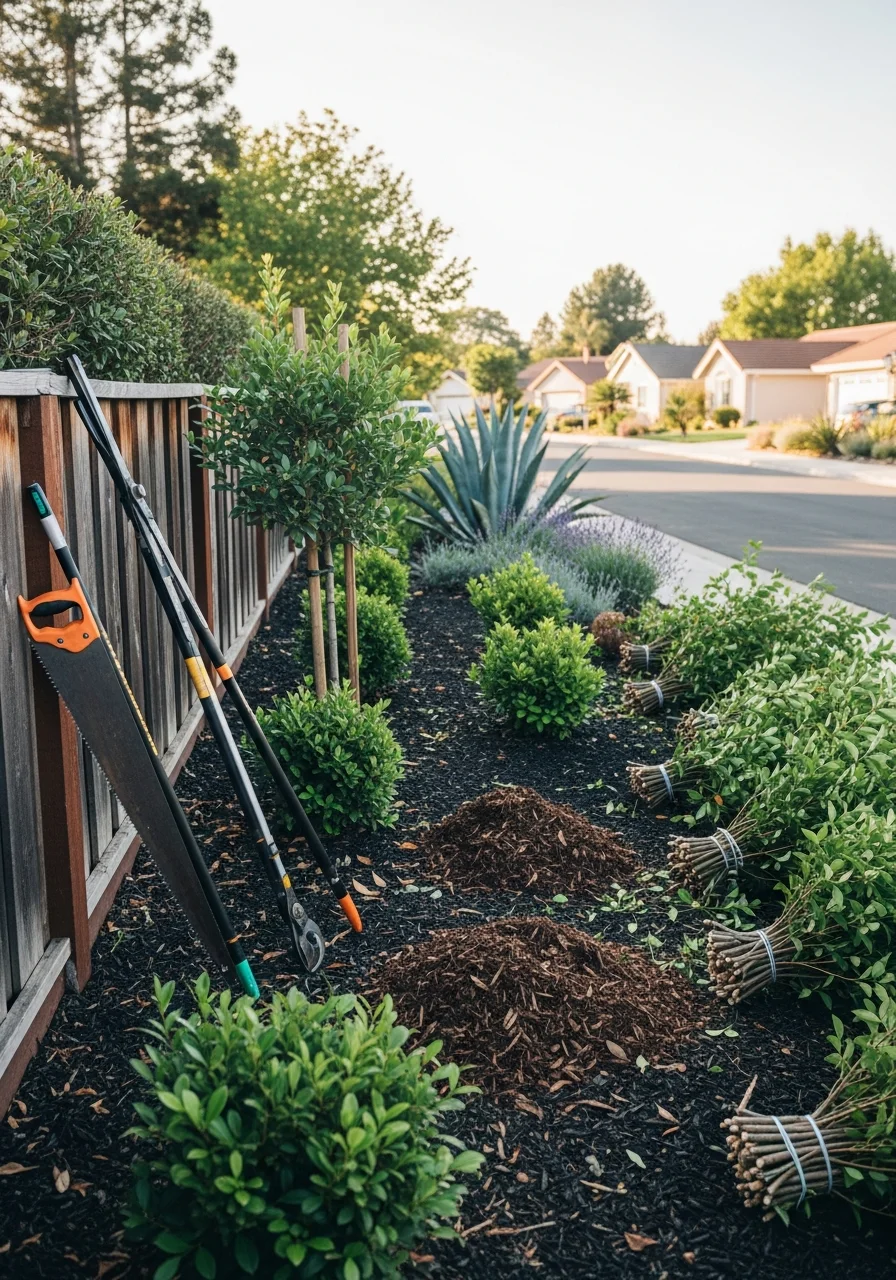 A crew member performing tree work on a Milpitas residential lot with neighborhood homes and landscaping visible in the background.