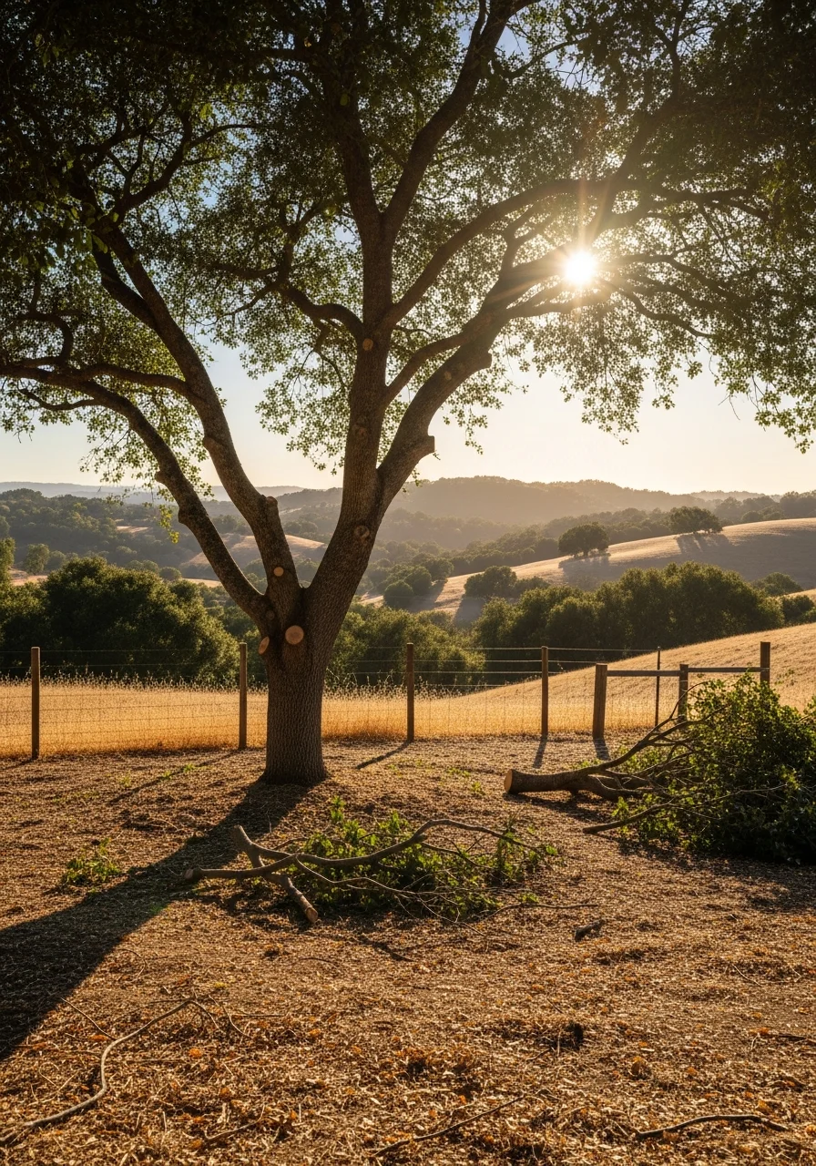 A crew member working on tree maintenance on a Morgan Hill property with rolling hills and oak woodland visible in the background.