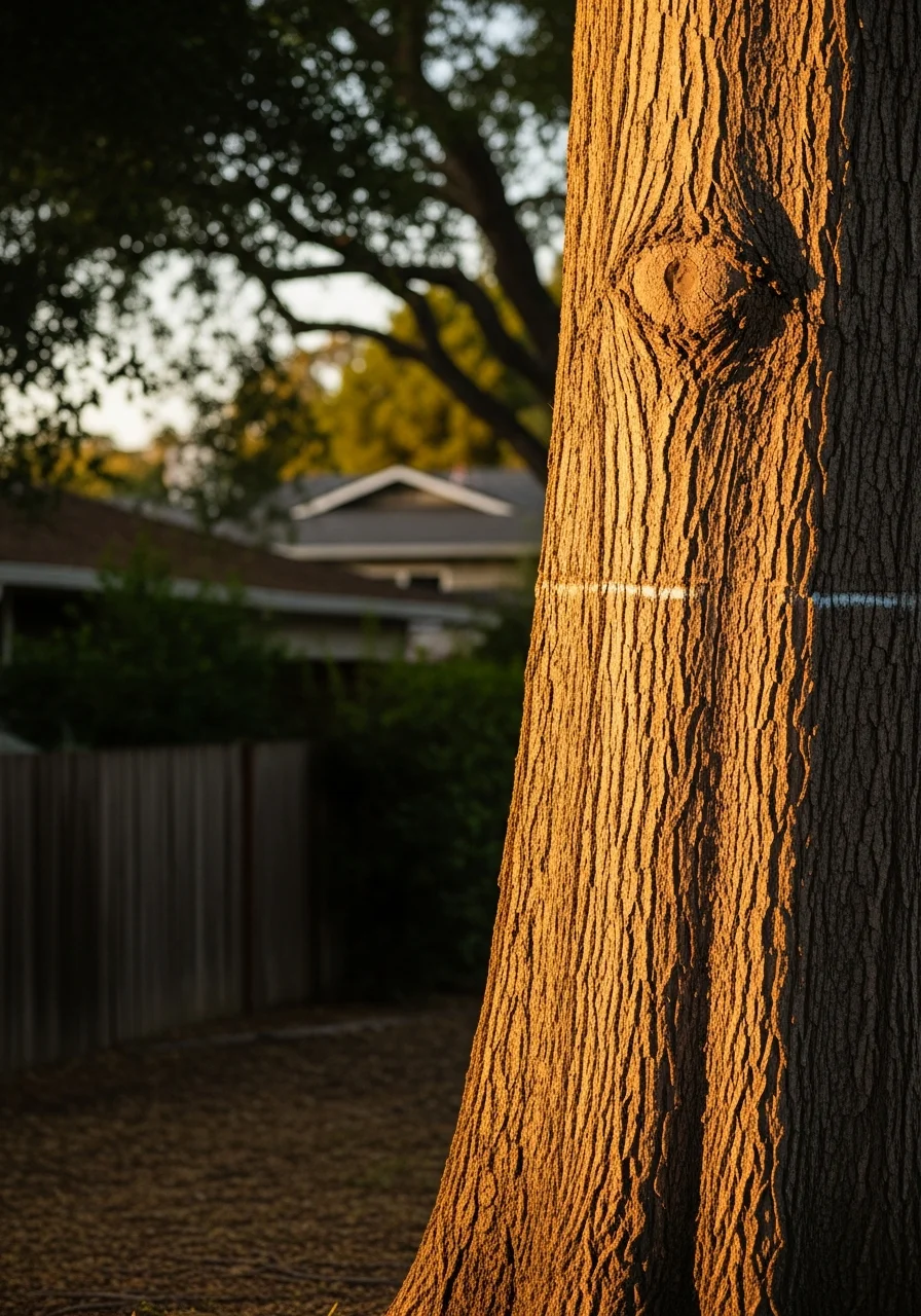 A certified arborist inspecting a large tree trunk on a Palo Alto property, with neighborhood homes and tree canopy in the background.
