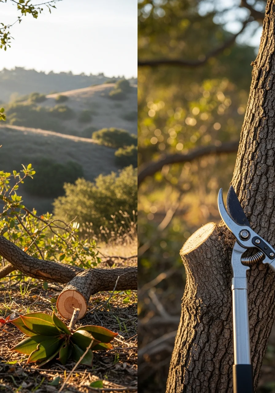 Close-up of a craftsperson working on selective tree pruning on a Woodside hillside property with native vegetation in the background.