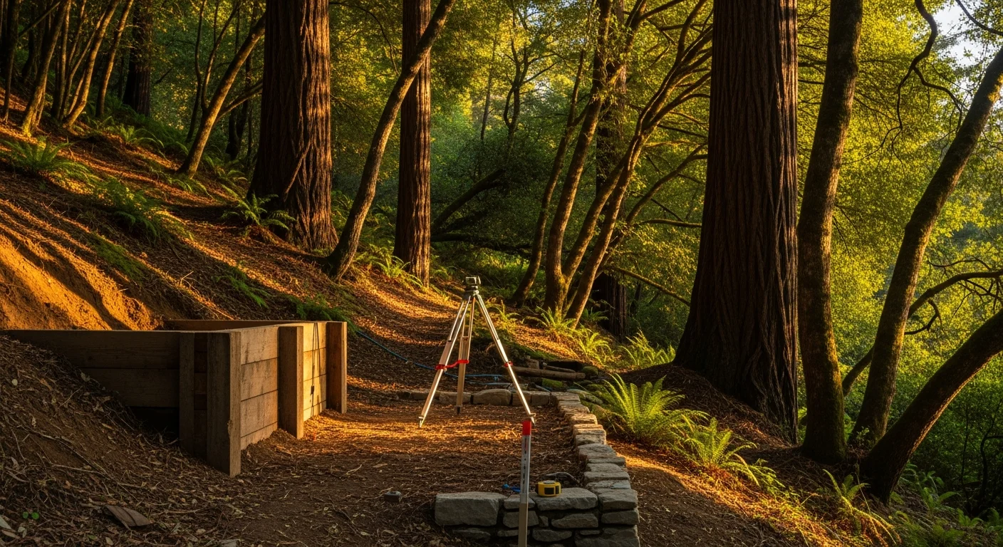 Mature redwood and oak trees on a sloped Woodside estate with natural understory and dappled sunlight filtering through the canopy.