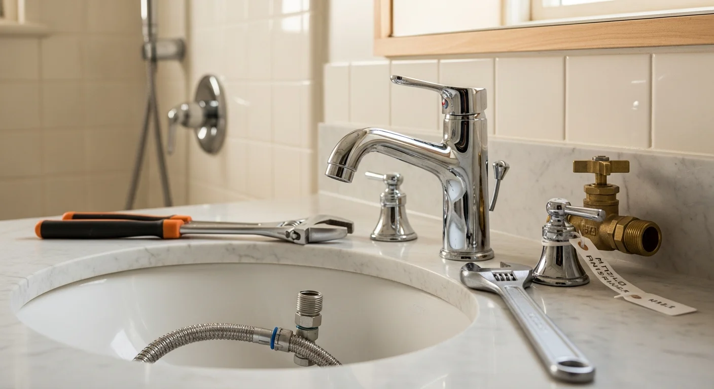A updated Woodside bathroom showing a newly installed vanity faucet, toilet, and showerhead with clean supply line connections. The bathroom reflects the character of an older Woodside ranch-style home with refreshed fixtures throughout.