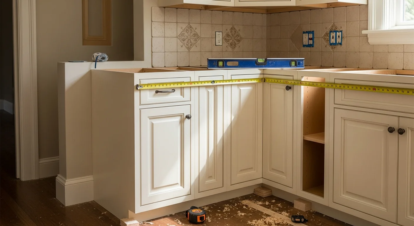 Newly installed custom kitchen cabinets in a Woodside, CA single-family home, showing floor-to-ceiling upper cabinets, a clean base run with consistent reveals, and natural wood tones that complement the home's interior trim.