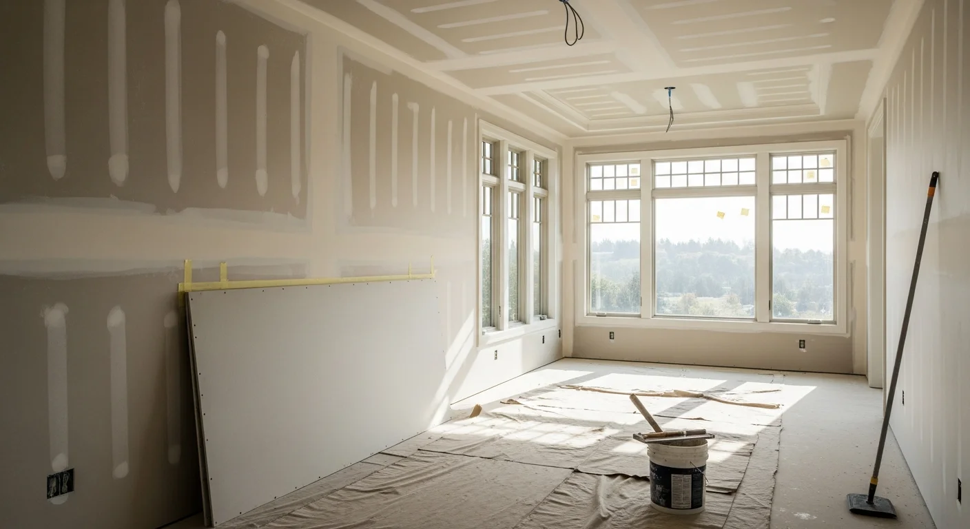 A freshly finished interior wall in a Woodside, CA home showing a smooth, seam-free surface ready for paint. Bright natural light from a large window highlights the even, flat finish across the full wall.