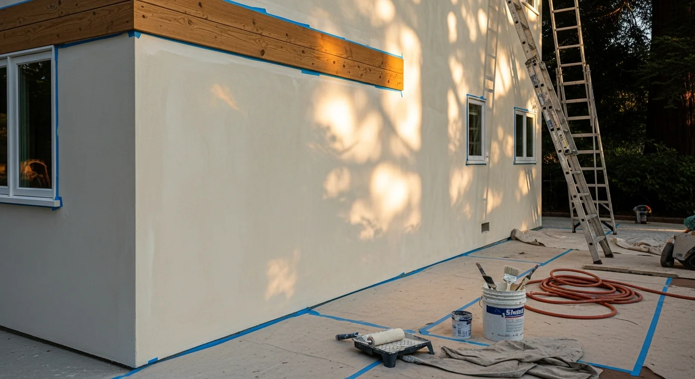 A freshly painted California Ranch-style home in Woodside, CA, with clean white trim and a warm body color against a backdrop of mature trees. The exterior shows smooth, even coverage on wood siding and painted fascia boards with no visible peeling or fading.