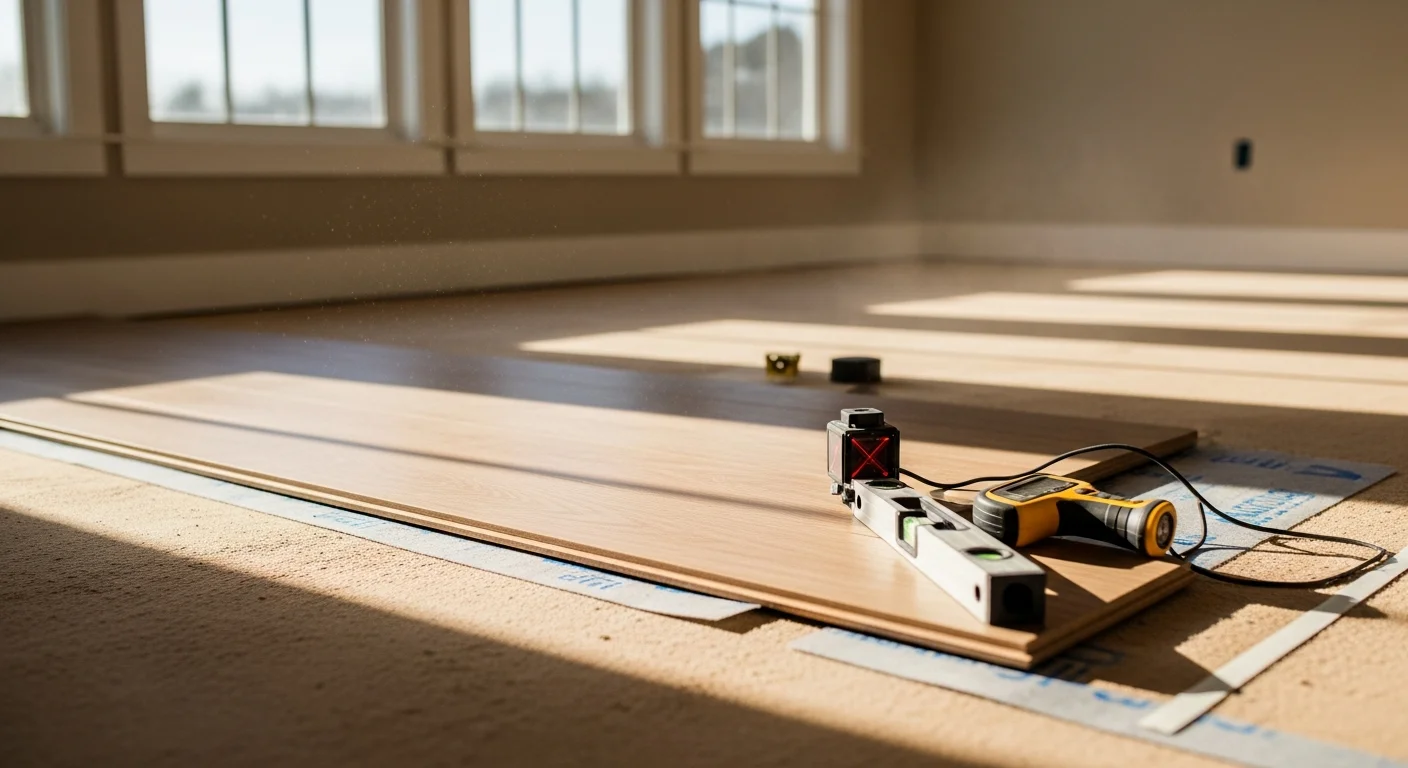 Freshly installed hardwood flooring in a Woodside home living room with natural light coming through large windows. A clean, level floor surface extends from the entry area into an open-concept main room.