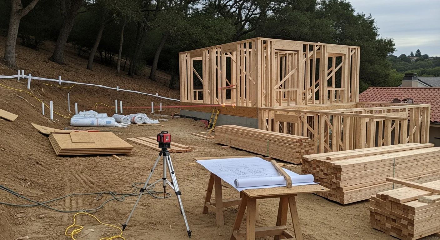 A newly completed single-story home addition in Woodside, California, with exterior siding and roofline matching the original structure. The addition extends from the rear of a residential property set among mature oak trees on a gently sloped lot.