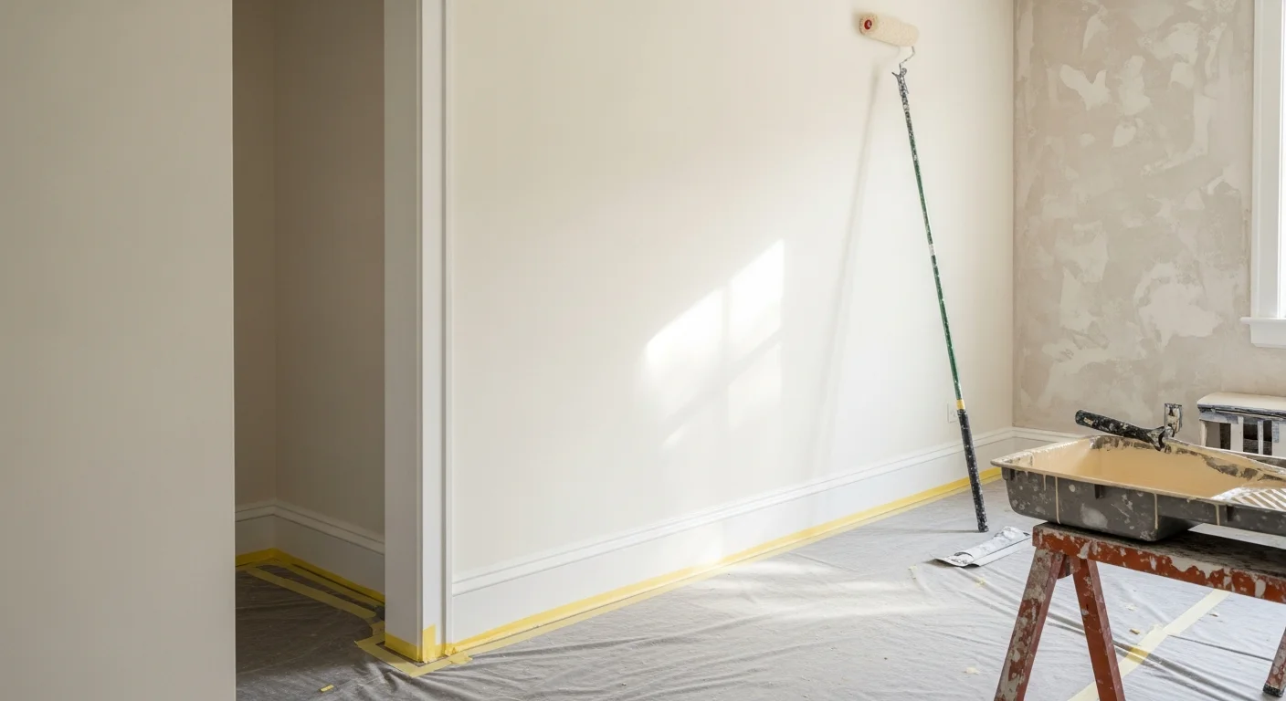 Interior of a Woodside, Queens home with freshly painted white walls, clean trim lines, and natural light coming through a window. A professional painter from Apex Design Build applies a second coat to a plaster wall in a prewar two-family home.
