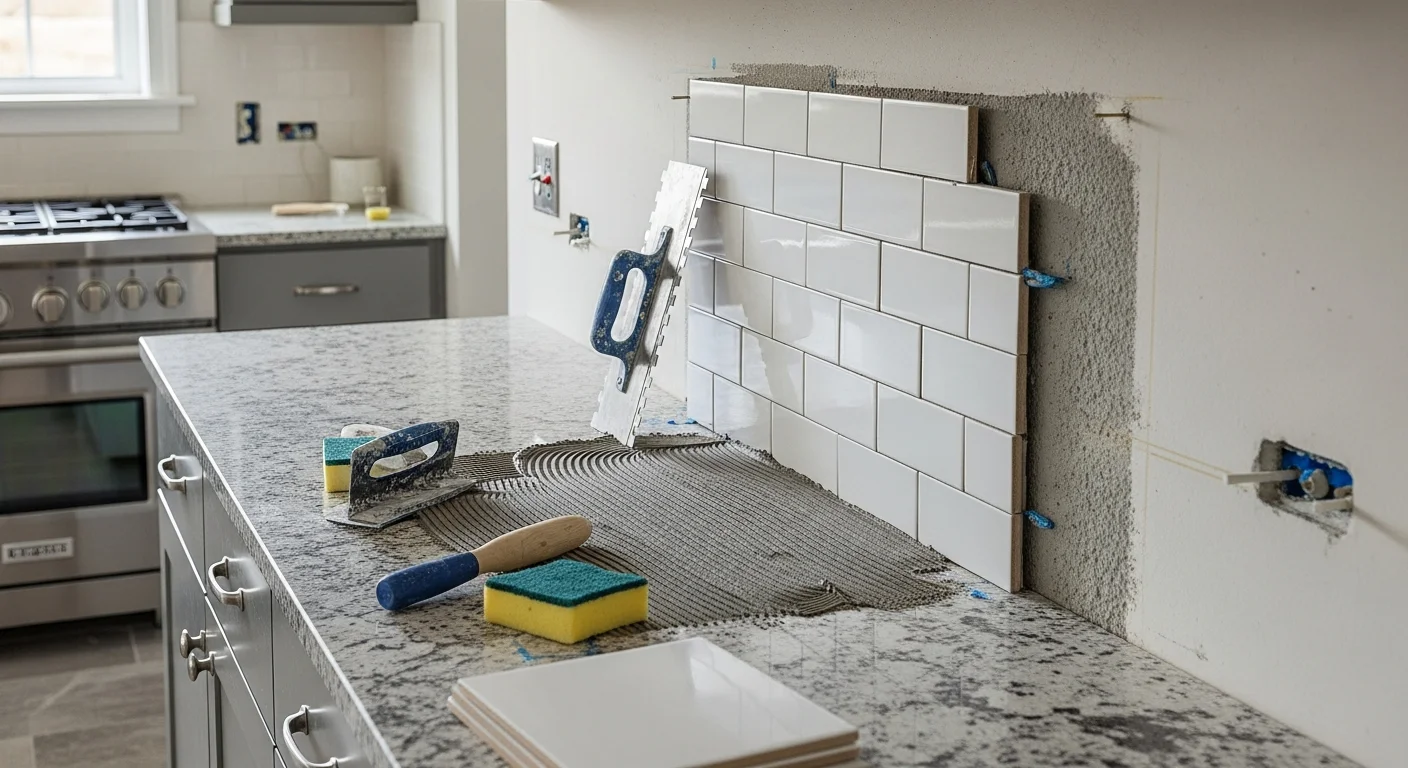 Freshly installed kitchen tile backsplash behind a range in a Woodside home, with grout lines aligned to the surrounding cabinetry and countertops. The wall surface runs from the countertop to the upper cabinets with clean, even tile spacing throughout.