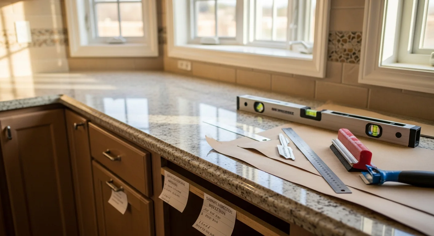 Newly installed kitchen countertops in a Woodside, CA home, showing clean edge seams and a finished surface fitted to existing cabinetry. The kitchen reflects the open layout common in Woodside ranch-style properties.