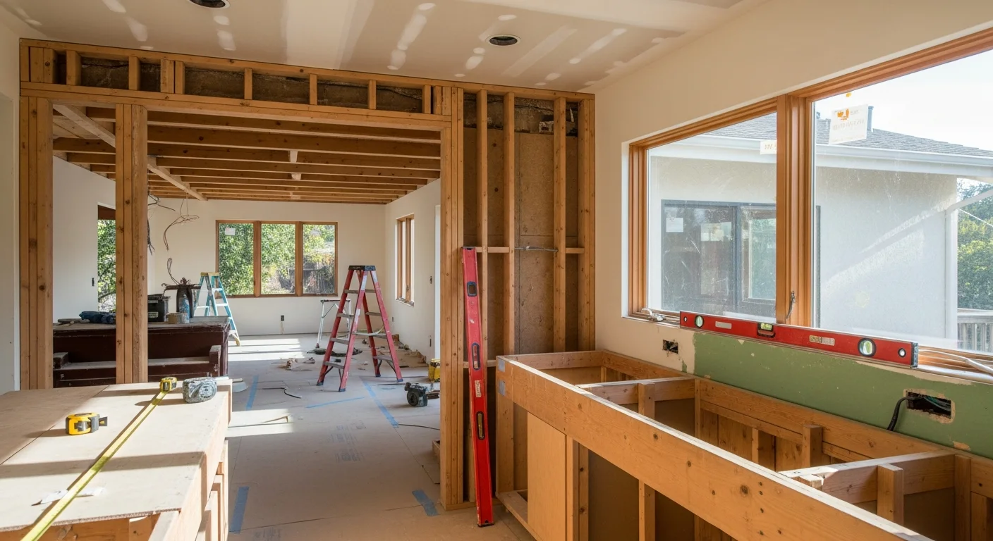 A finished open concept kitchen remodel in a Woodside home, showing a removed wall replaced by a large island, with the kitchen flowing directly into the dining and living areas. Natural light fills the space from multiple directions, and warm wood tones complement the rural, wooded setting visible through the windows.