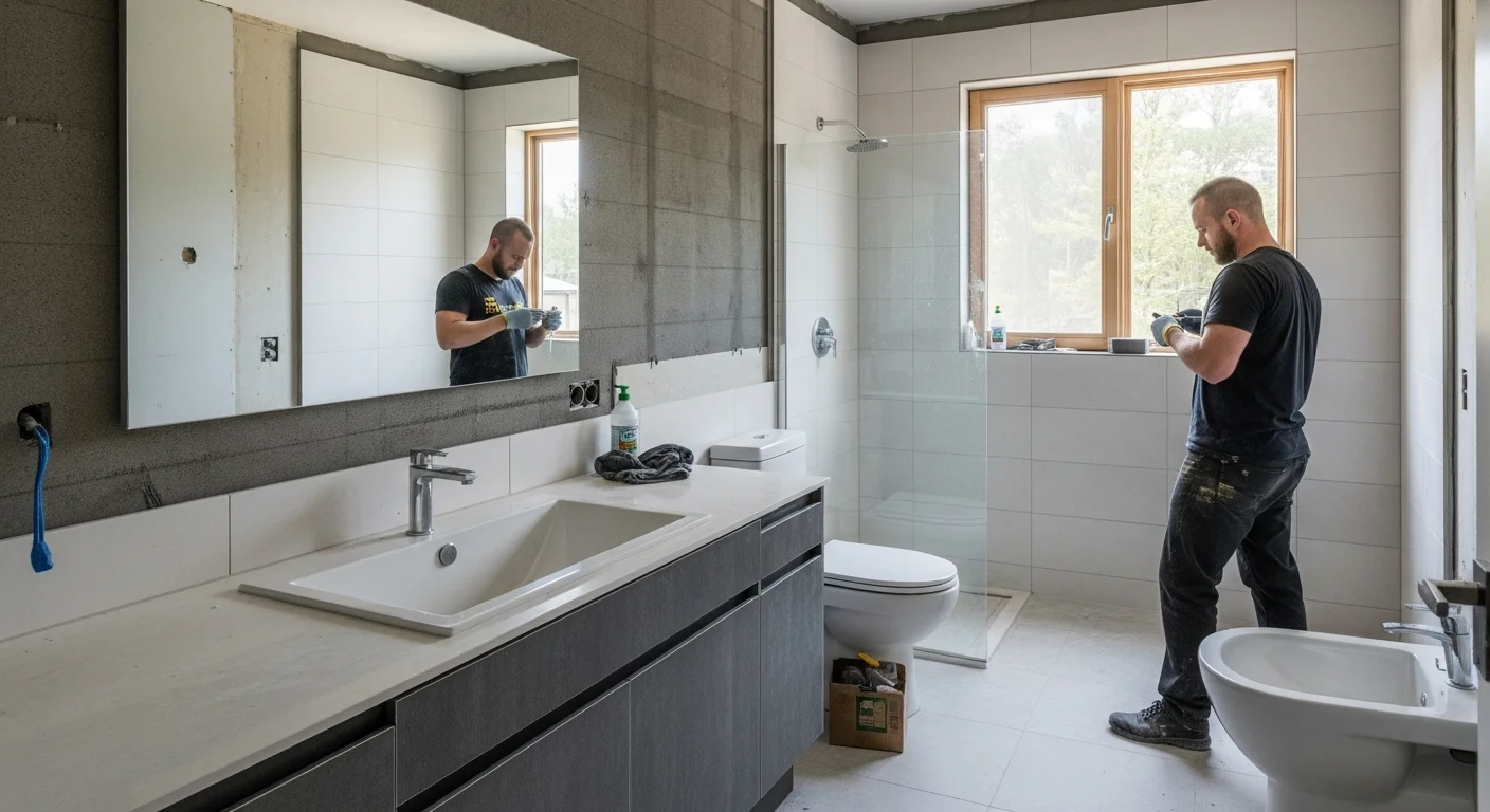 Freshly installed floor and shower wall tile in a compact Woodside, Queens bathroom with clean grout lines and a neutral color palette. The renovation is part of a bathroom remodel in a prewar brick rowhouse typical of the Woodside neighborhood.