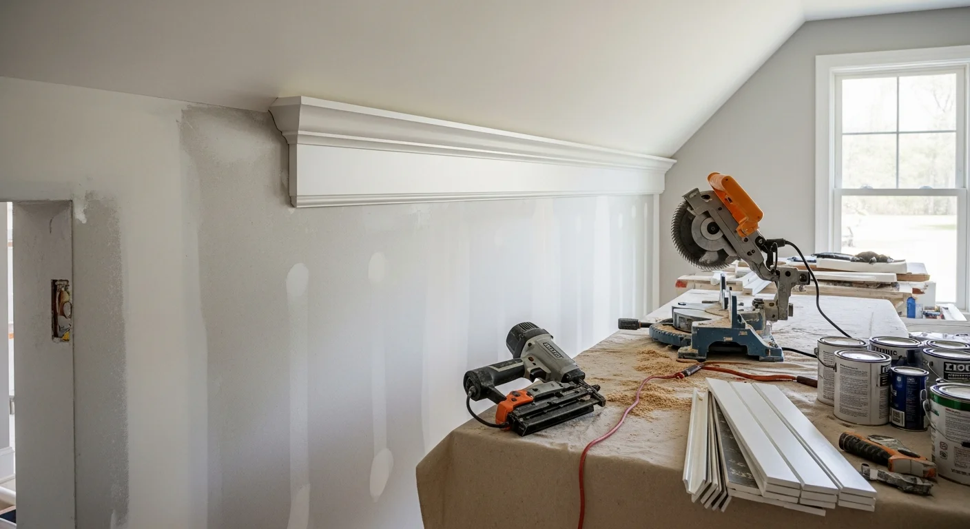 Freshly installed crown molding and door casing in a Woodside home interior, showing tight corner joints and a clean painted finish. The trim runs along a high ceiling in a large room consistent with the estate-style properties common across Woodside, California.