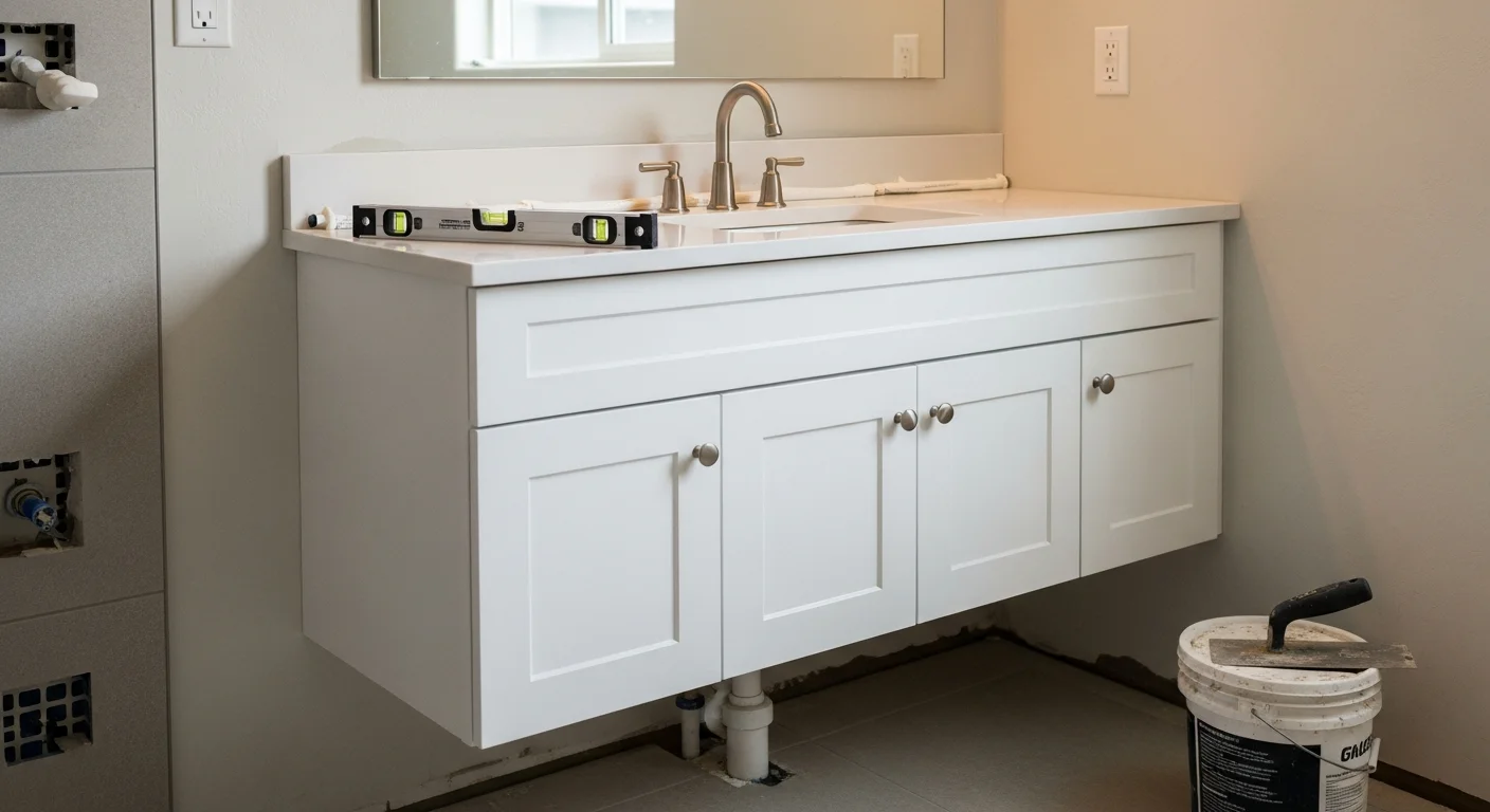 A newly installed double vanity with a stone countertop and two undermount sinks in a Woodside primary bathroom. The vanity sits flush against a tiled wall with updated fixtures and organized under-sink storage.