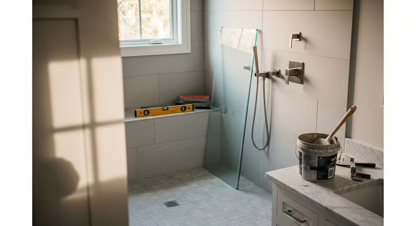 A finished walk-in shower installed by Apex Design Build in a Woodside home, featuring large-format tile walls, a frameless glass enclosure, and a curbless entry. The bathroom reflects the natural materials and clean lines common in Woodside estate and ranch-style residences.